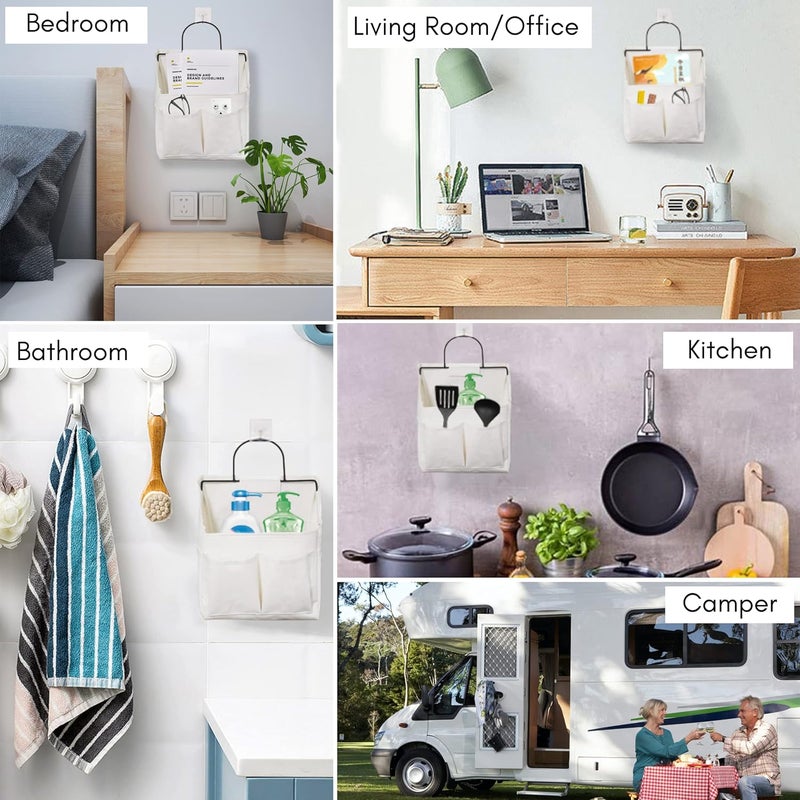 Kanrichu 2pcs Small Wall Hanging Organizer Bag, Linen Fabric Door Hanging Storage Basket with Pockets, Waterproof Bin for Kitchen, Bedroom, Office, RV Camper (White) - Image 2